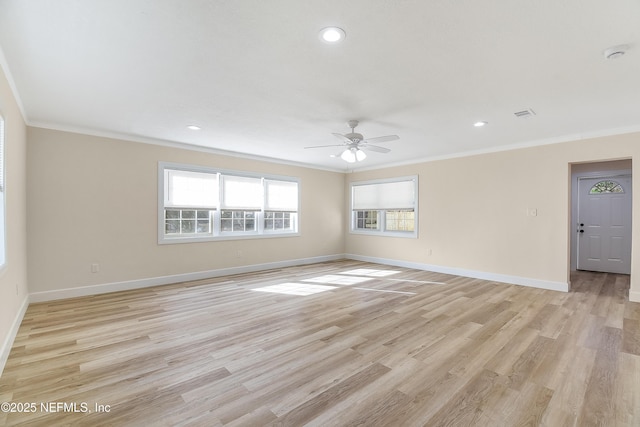 unfurnished room with baseboards, recessed lighting, light wood-style flooring, and crown molding