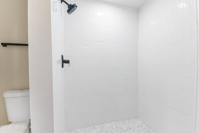 bathroom with a tile shower and toilet