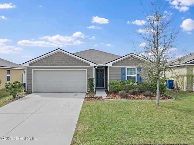 ranch-style house with a front yard, concrete driveway, and an attached garage