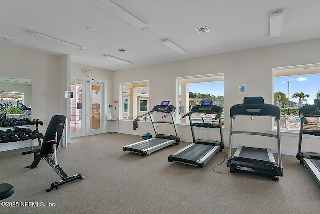 exercise room with a textured ceiling, french doors, a wealth of natural light, and visible vents