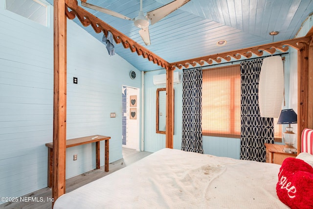 bedroom with vaulted ceiling with beams, a wall mounted air conditioner, wood ceiling, and wooden walls