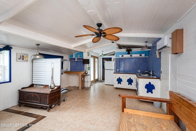 living room featuring vaulted ceiling with beams, wood ceiling, and a ceiling fan