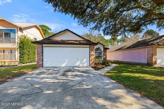 ranch-style house with an attached garage, brick siding, driveway, and a front lawn