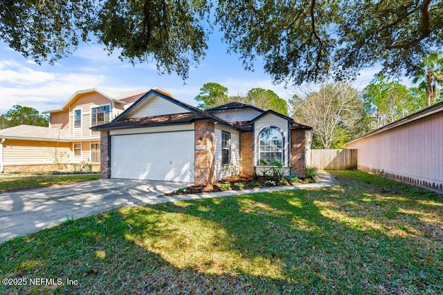 single story home featuring an attached garage, brick siding, fence, concrete driveway, and a front lawn