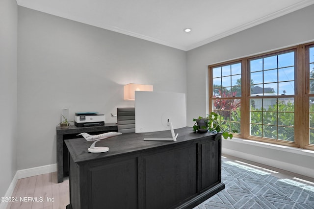 home office featuring crown molding, recessed lighting, light wood-style flooring, and baseboards