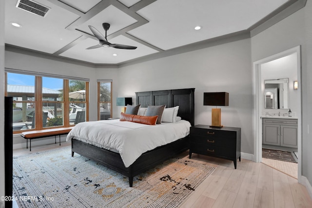 bedroom featuring recessed lighting, visible vents, light wood-style flooring, connected bathroom, and baseboards