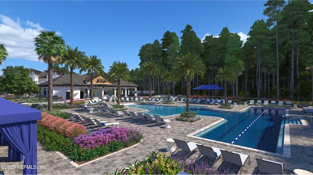 pool with a gazebo and a patio area