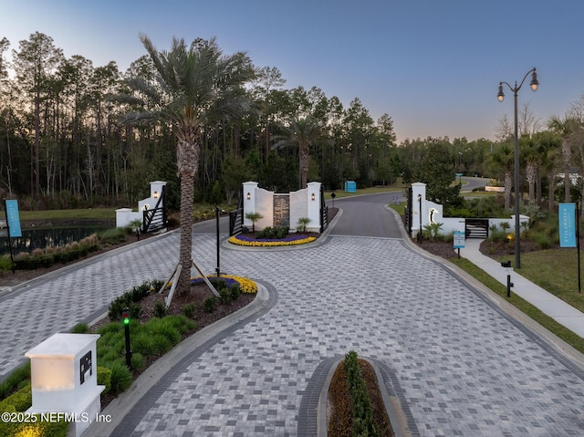 view of street with street lights, a gated entry, a gate, and curbs