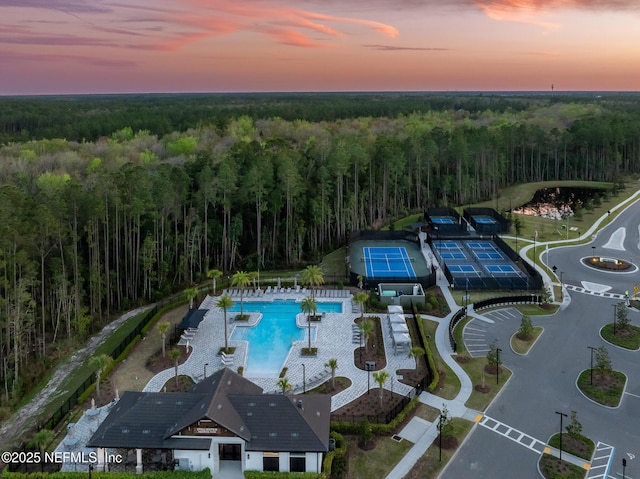 pool with a view of trees and a patio