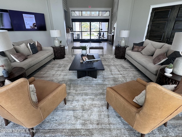 living area featuring a towering ceiling