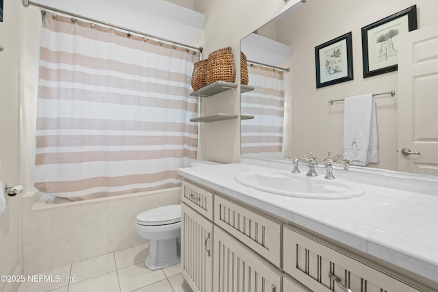 full bath featuring toilet, shower / bathtub combination with curtain, vanity, and tile patterned floors