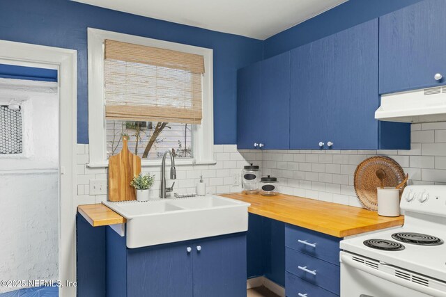 kitchen with blue cabinets, white electric range, wooden counters, and under cabinet range hood