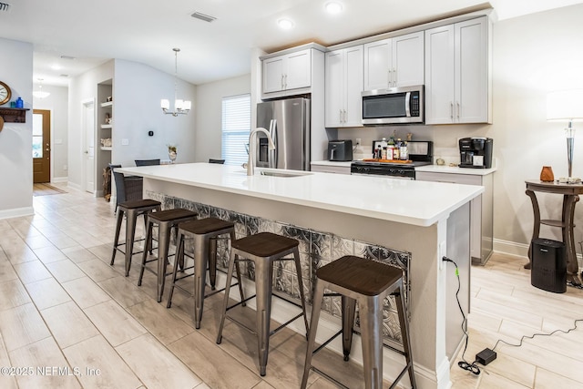 kitchen with stainless steel appliances, an island with sink, light countertops, and visible vents