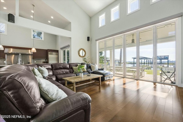 living area featuring a high ceiling, wood finished floors, and recessed lighting