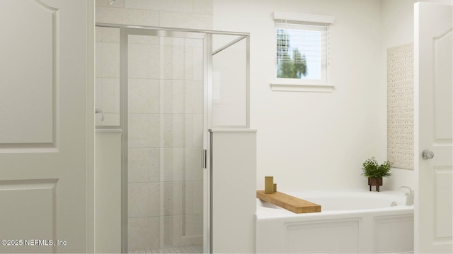 bathroom featuring a shower stall and a bath