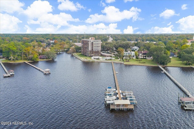 drone / aerial view featuring a water view