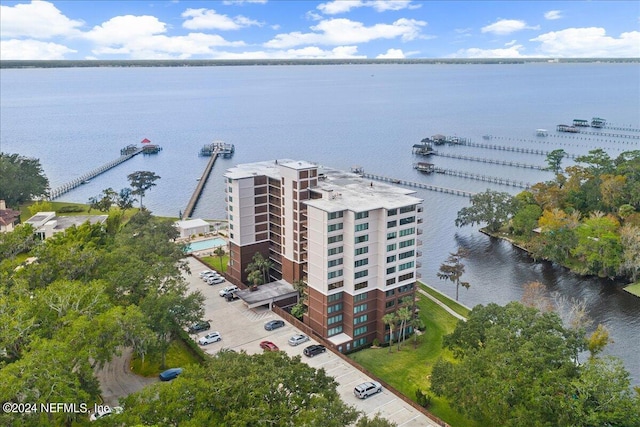 drone / aerial view featuring a water view