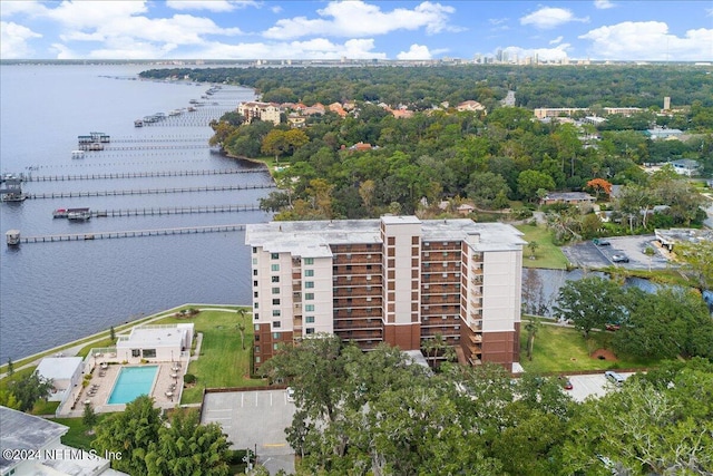 aerial view featuring a water view