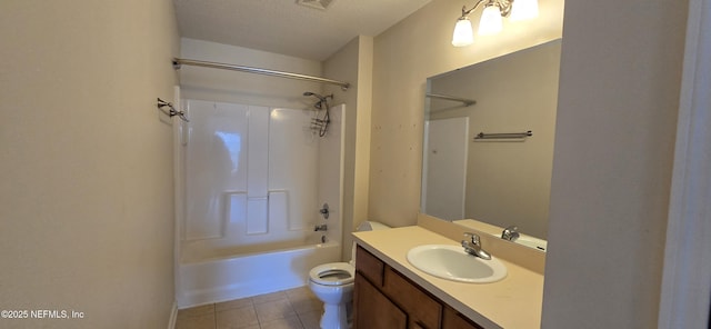 full bath with shower / bathing tub combination, toilet, a textured ceiling, vanity, and tile patterned floors