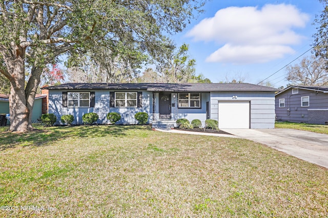 single story home featuring driveway, a front lawn, and an attached garage