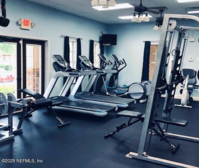 workout area with ceiling fan