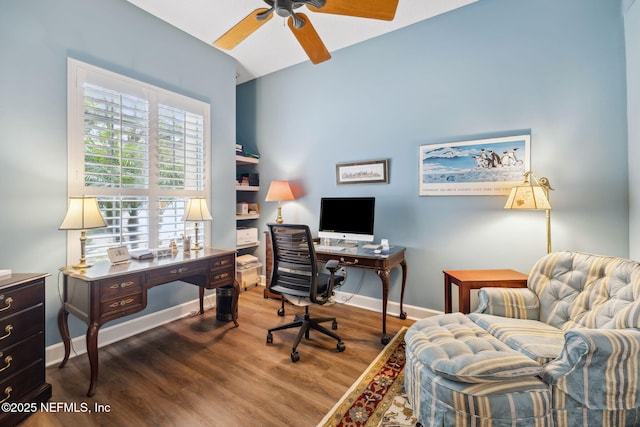 office with a ceiling fan, baseboards, and wood finished floors