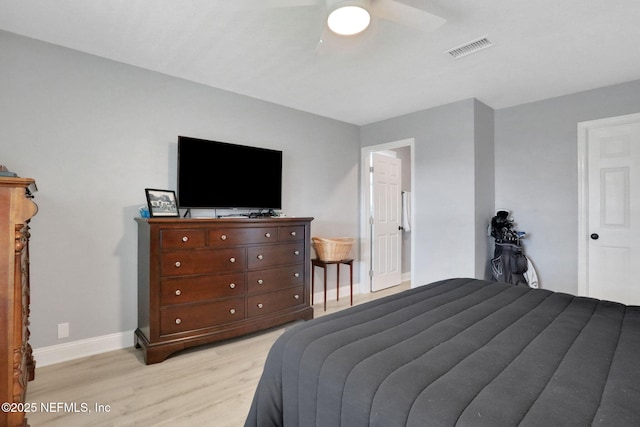 bedroom featuring ceiling fan, light wood-type flooring, visible vents, and baseboards