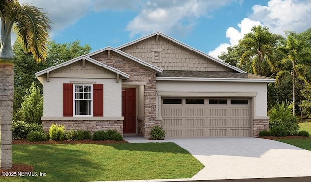 craftsman house with a front yard, stone siding, an attached garage, and concrete driveway