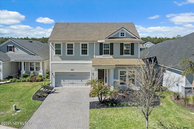 traditional-style house with a front lawn, decorative driveway, an attached garage, and a shingled roof