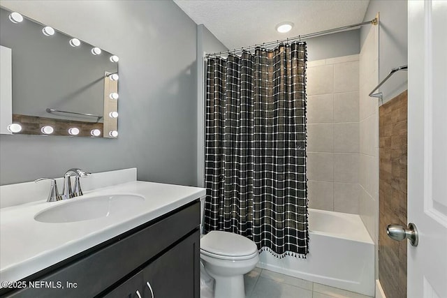 full bath with shower / bath combo with shower curtain, toilet, a textured ceiling, tile patterned flooring, and vanity