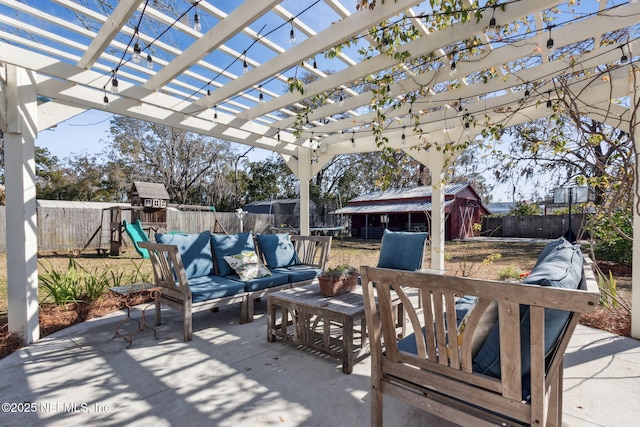 view of patio with an outdoor hangout area, a playground, a fenced backyard, and a pergola
