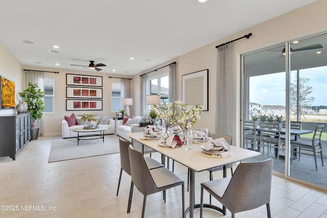 dining room with visible vents, a ceiling fan, and recessed lighting