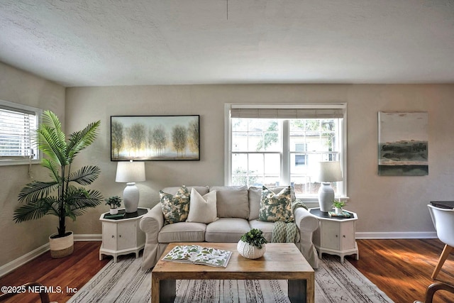 living room featuring baseboards, a textured ceiling, and wood finished floors