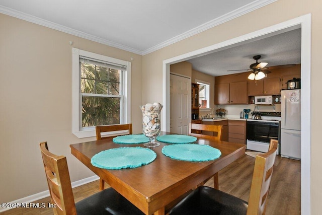 dining space featuring ornamental molding, baseboards, and parquet flooring