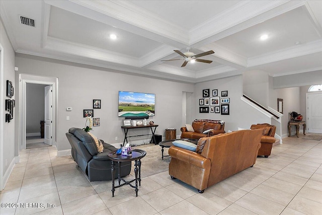 living room with coffered ceiling, visible vents, ornamental molding, stairway, and beamed ceiling