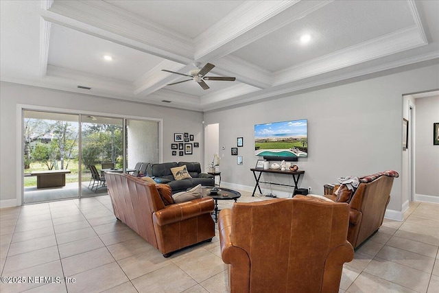 living area featuring crown molding, baseboards, coffered ceiling, and beam ceiling