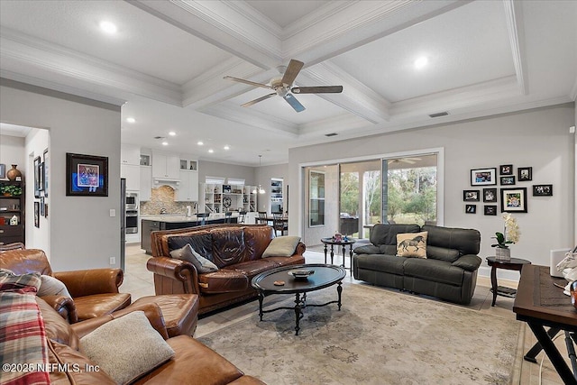 living area with light tile patterned floors, coffered ceiling, beam ceiling, and crown molding