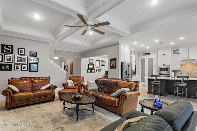 living room with ornamental molding, coffered ceiling, and beam ceiling