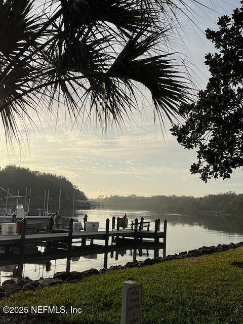 dock area featuring a water view and a yard