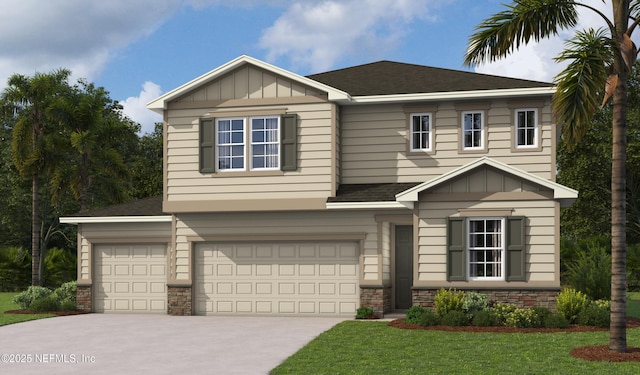 view of front of house with driveway, stone siding, a garage, and board and batten siding