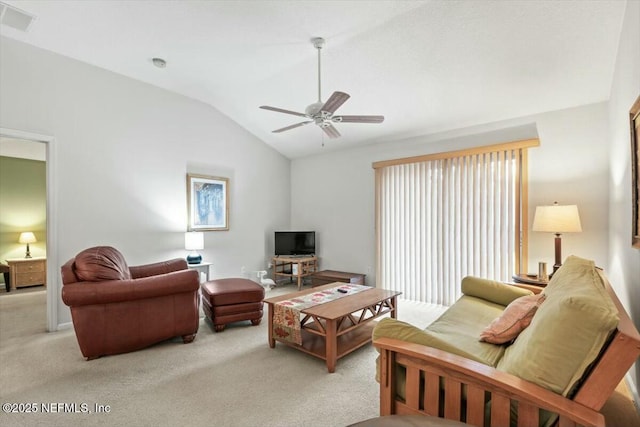 living room with light carpet, visible vents, a ceiling fan, and lofted ceiling