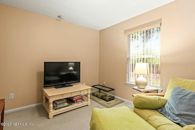 carpeted living room featuring baseboards