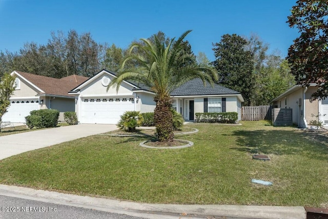 ranch-style home featuring stucco siding, fence, a garage, driveway, and a front lawn