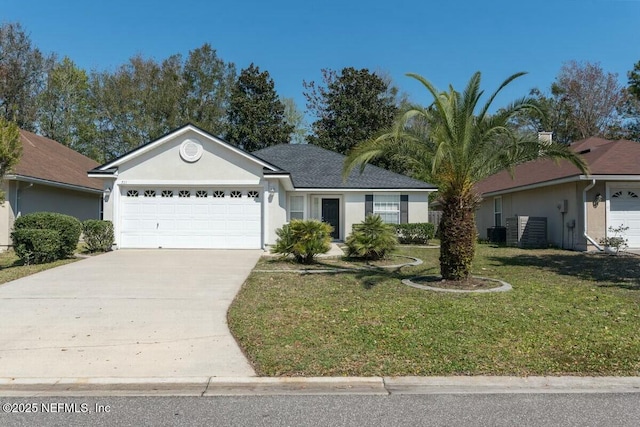 ranch-style home featuring concrete driveway, an attached garage, cooling unit, a front lawn, and stucco siding