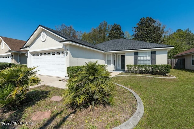 single story home with a garage, a front yard, driveway, and stucco siding