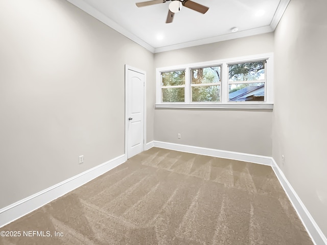 carpeted spare room with ornamental molding, baseboards, and a ceiling fan