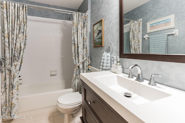 full bath featuring shower / tub combo, tile patterned flooring, a textured ceiling, and toilet