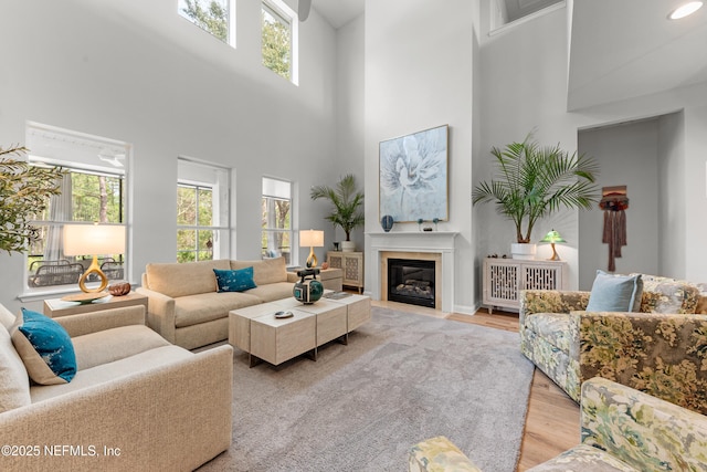 living area featuring plenty of natural light, a fireplace with flush hearth, and light wood-style flooring