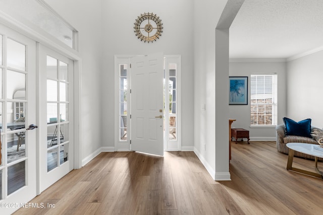 foyer with light wood-type flooring, baseboards, a wealth of natural light, and ornamental molding