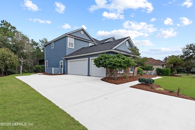 view of home's exterior featuring a garage, driveway, a lawn, and stucco siding